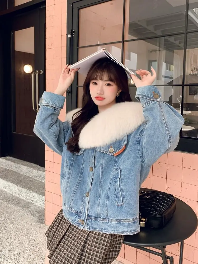 

Джинсовое пальто, черные сексуальные меховые плюшевые женские переходные сезонные куртки Boxy-Fit, минималистичные городские куртки с защитой от запаха и удержанием тепла