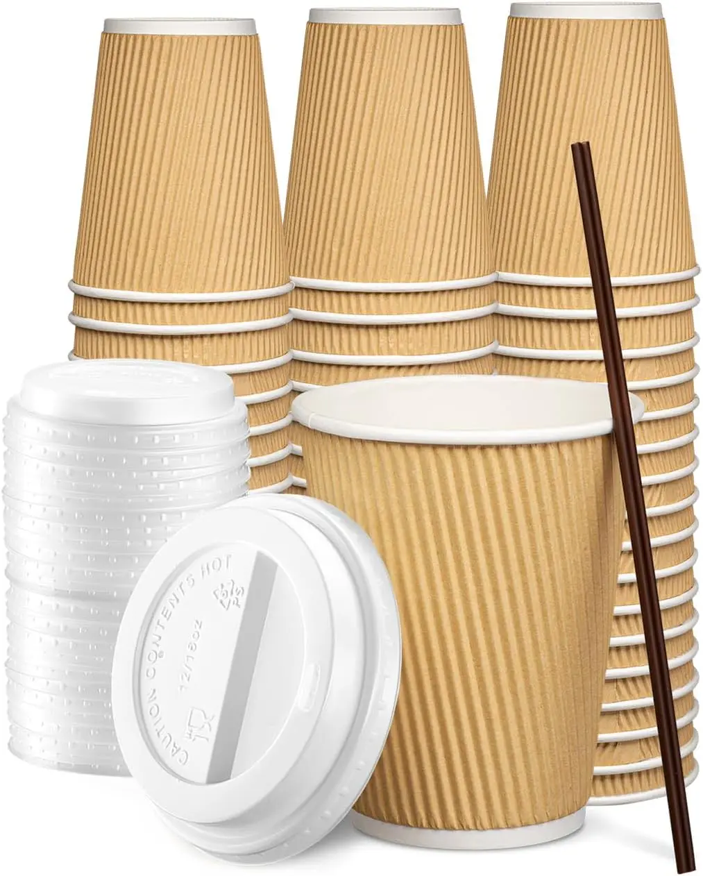 

[12 oz. - 100 Count Insulated Kraft Ripple Paper Hot Cups, Disposable Coffee Cups With Lids - Ideal for Hot Beverages, T