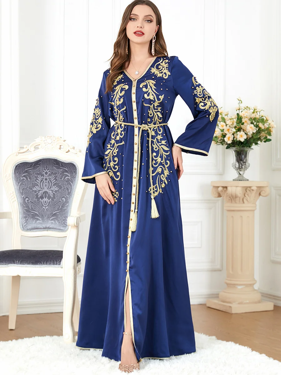 Deep Blue Moroccan Kaftan Gold Embroidery V-Neck Long Sleeve Dress