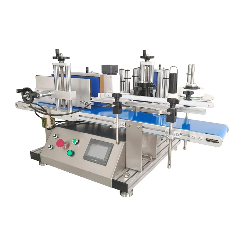 Semi-Automatic Tabletop Round Liquid Bottle Labeling Machine Manual Driven With PLC Components For Wood Carton Packaging