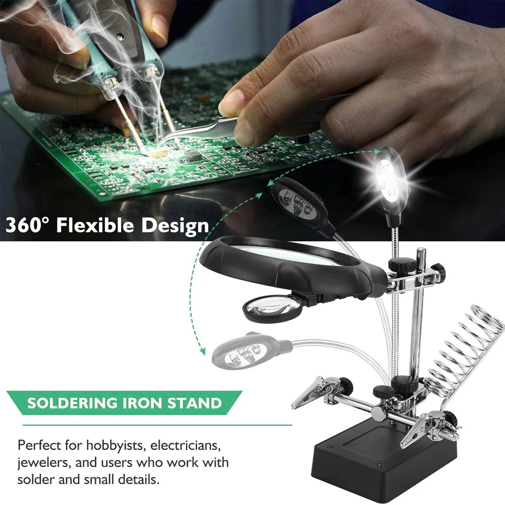 10X Third Hand Welding Magnifying Glass 5 LED Auxiliary Clip Magnifier Desk Lamp 3 In1 Hand Solder Iron Stand Holder Station