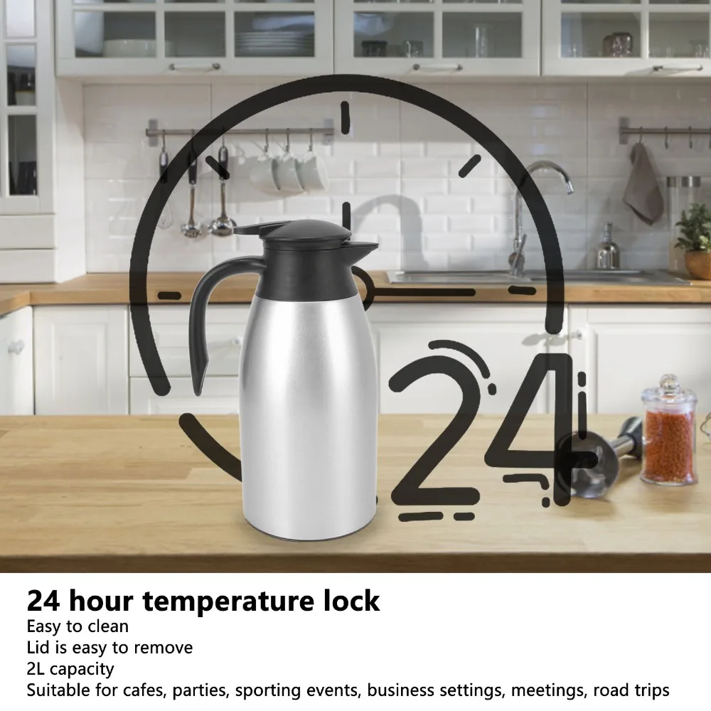 

304 Stainless Steel Tea Vacuum Pot 2L Capacity Double Walled Insulated Coffee Pot Leakproof Lid Coffee Vacuum Pot Hot Coffee