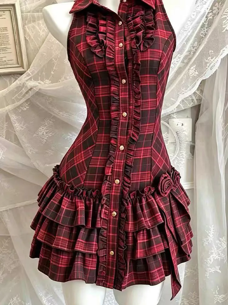 Vestido Mini Vintage a Cuadros con Parches para Mujer, Estilo Y2K Japonés, Delgado, Sin Mangas, Línea A, Elegante, Preppy, Gótico, Vestidos Mujer