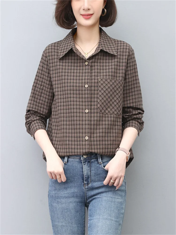 Damska koszula w kratę z czystej bawełny, luźna koszula damska na jesień zapinana na guziki, koszula damska, codzienna bluzka damska, topy