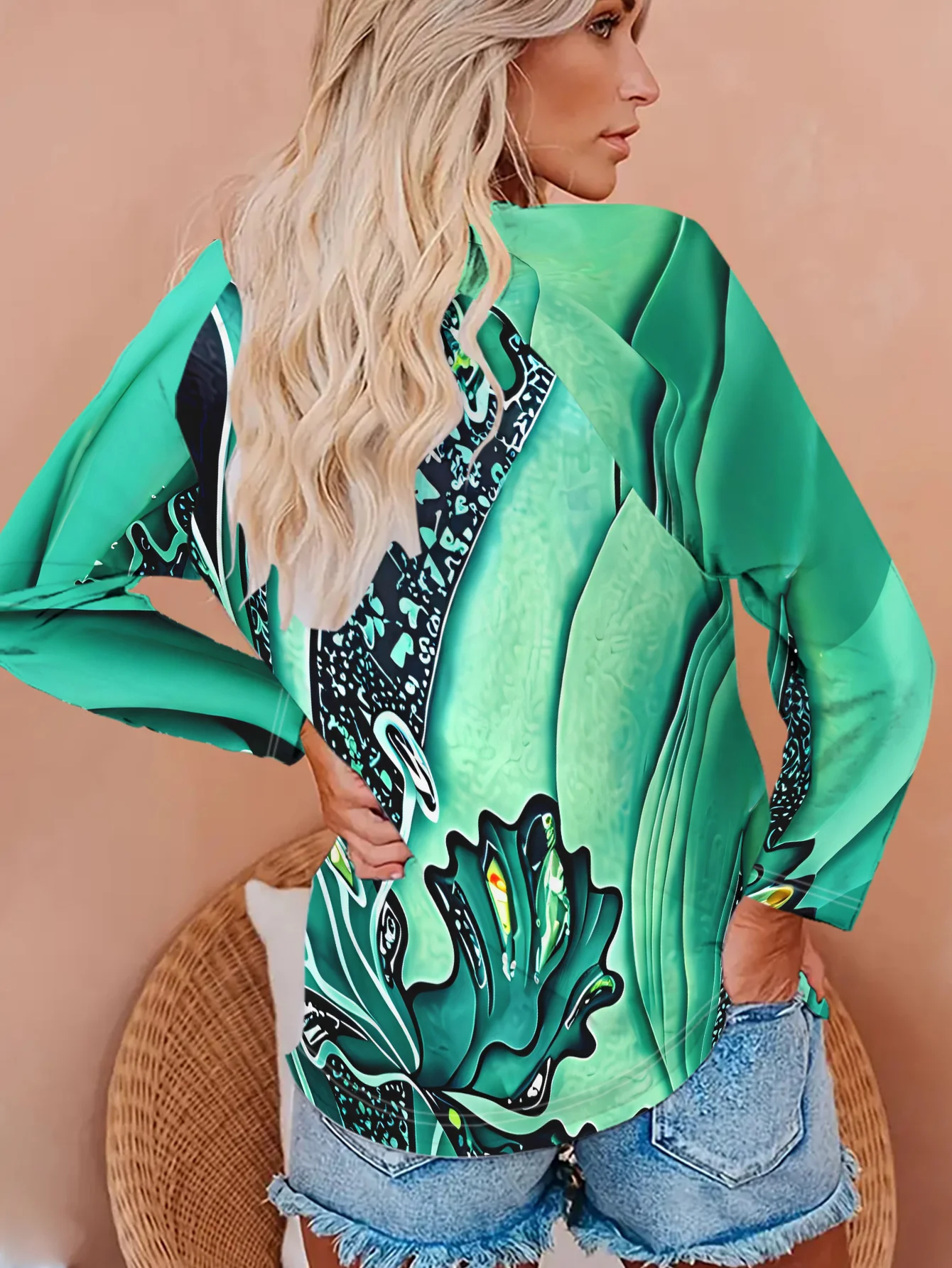Women Round Neck Long Sleeve T‑shirt Green Abstract Leaf Art Floral Print Holiday Tee Top Casual Daily Autumn Women's Clothes