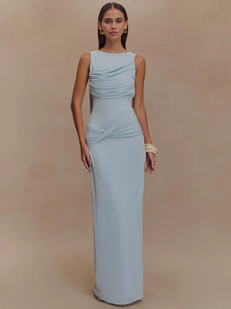 Mozision Backless Ruches Sexy Maxi Tank Jurk Vrouwen Jurk Zomer Nieuwe O Hals Dij Hoge Split Bodycon Elegante Lange Jurk Mode