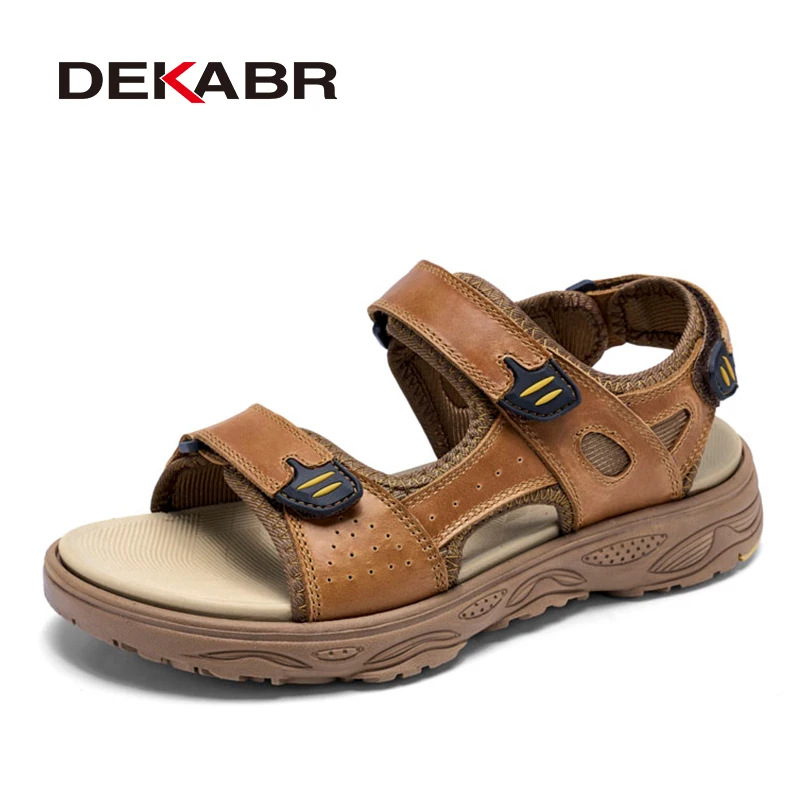 

DEKABR Men Summer Beach Sandals Genuine Cowhide Hook Loop Fastener High Elastic Md Sole Soft Cushion Comfortable Outdoor Shoes