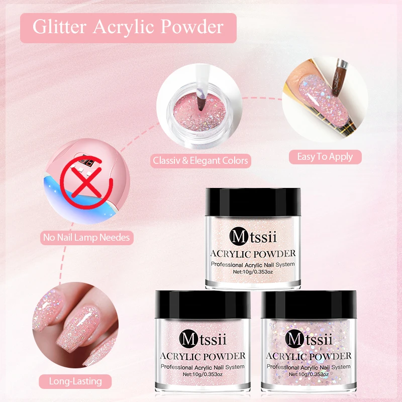 MTSSII Acrylic Powder 10g Glitter Pink Acrylic Nail Professional Polymer for French Nail Extension No Need Lamp Cure