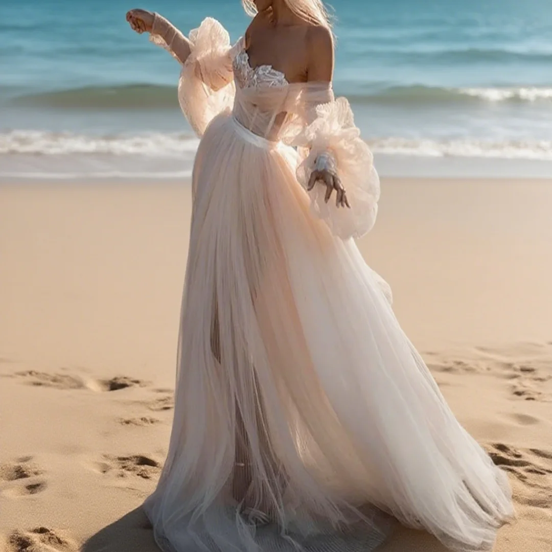 

Customized exquisite sweetheart-neckline wedding dress with off-the-shoulder lace decoration, bridal formal dress