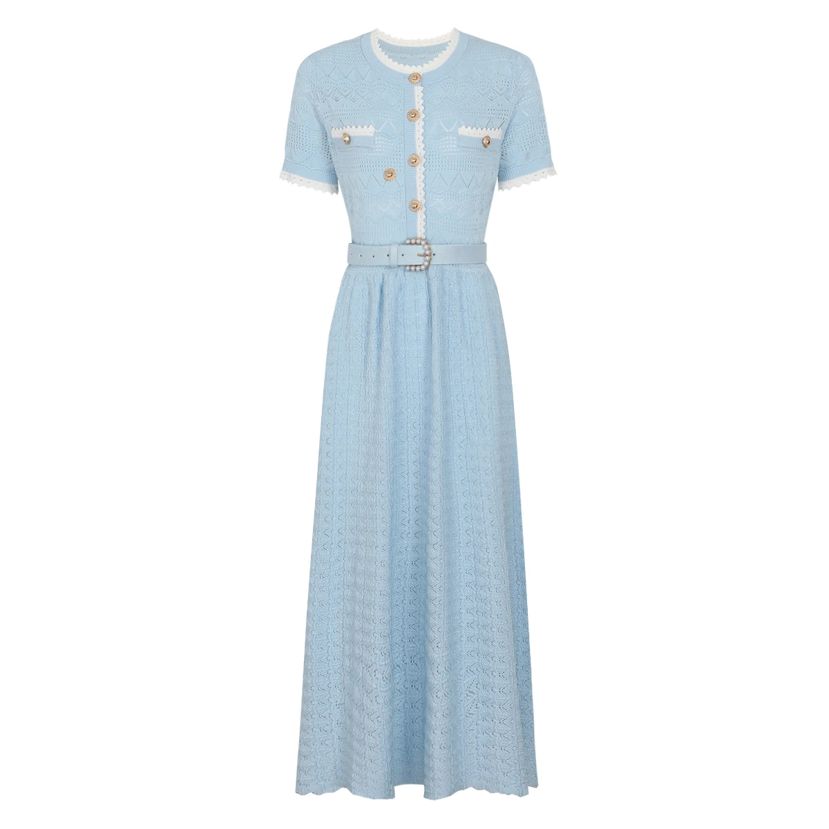 26278 Summer New Arrival High Quality Women Long Dress Round Neck Short Sleeve Belt Slimming Socialite Fashion Dress