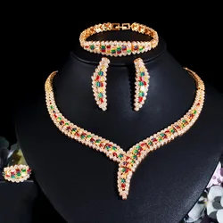 CWWZircons Heavy Stone Work Colorful Cubic Zirconia Luxury 4pcs Wedding Jewelry Set for Brides African Indian Gold Plated T653