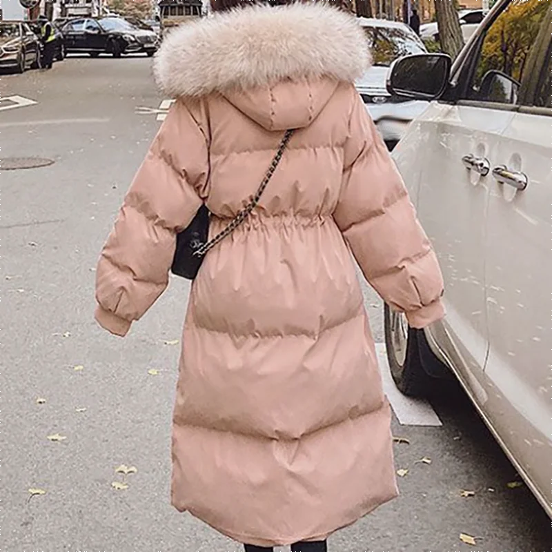 Winter Women Loose Long Thicken Coat Big Fur Collar Hooded Elastic Drawstring Fashion Parkas Elegant Casual Female Cotton Jacket