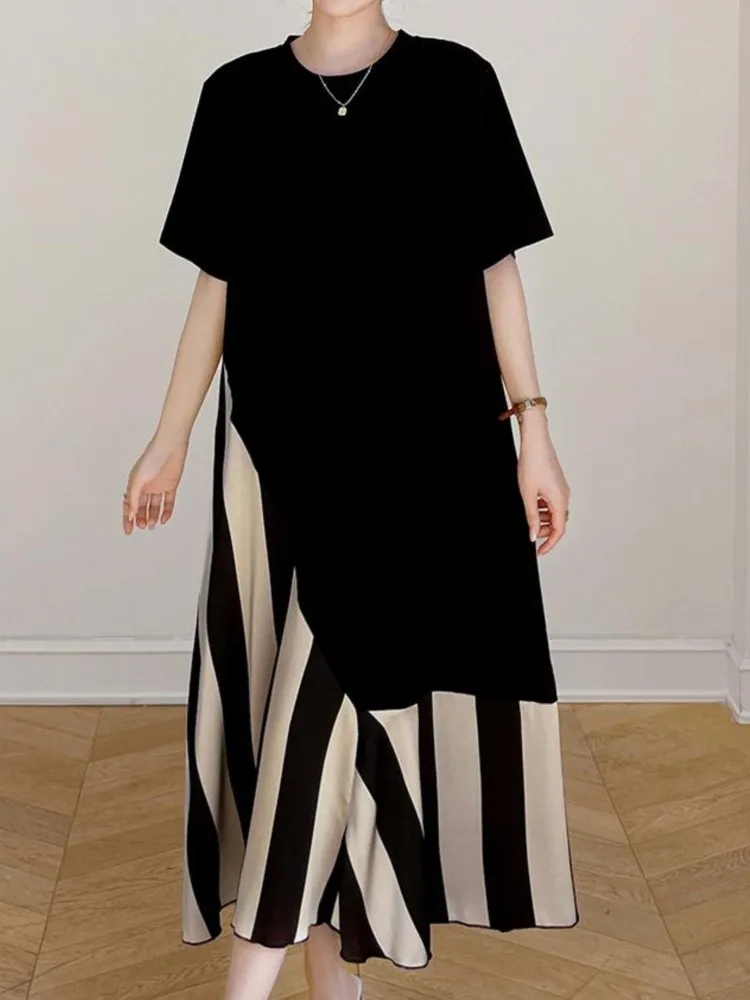 Abito estivo T-shirt a righe patchwork nero Nuovo abito vintage a contrasto con o-collo allentato Moda elegante abbigliamento donna Abiti