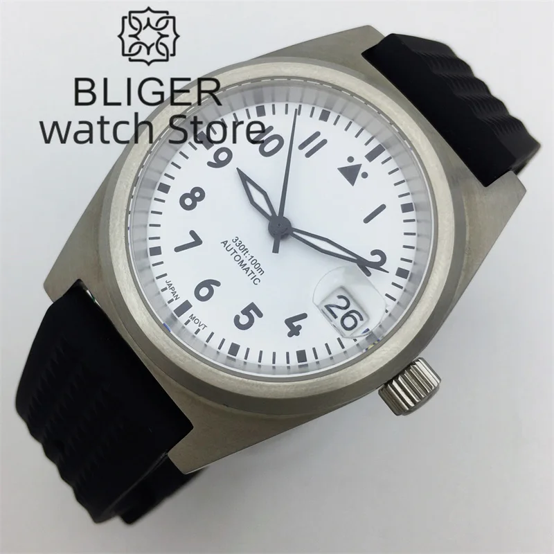 BLIGER NH35A PT5000 Automatic Watch For Men 38mm Brushed Case Sapphire Glass Black White Blue Green Dial Luminous Rubber Strap