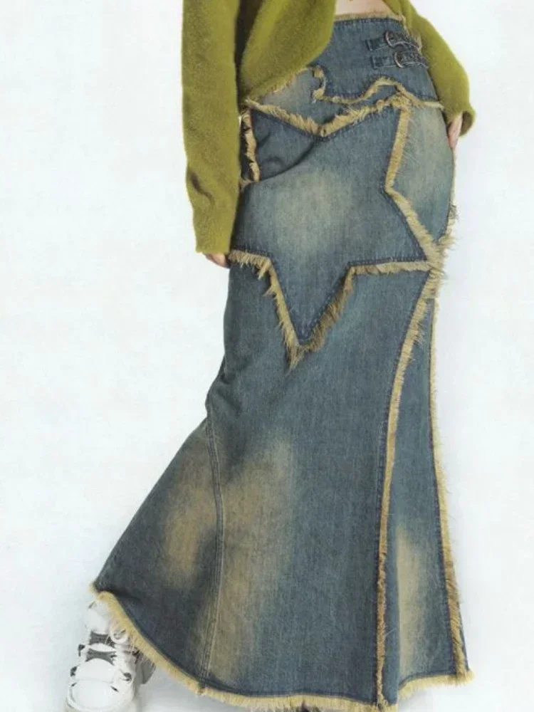

Women Denim Skirts Print Floral Slim Fit Loose Waist Distressed Casual Ankle Length High Street Autumn 2025 Streetwear