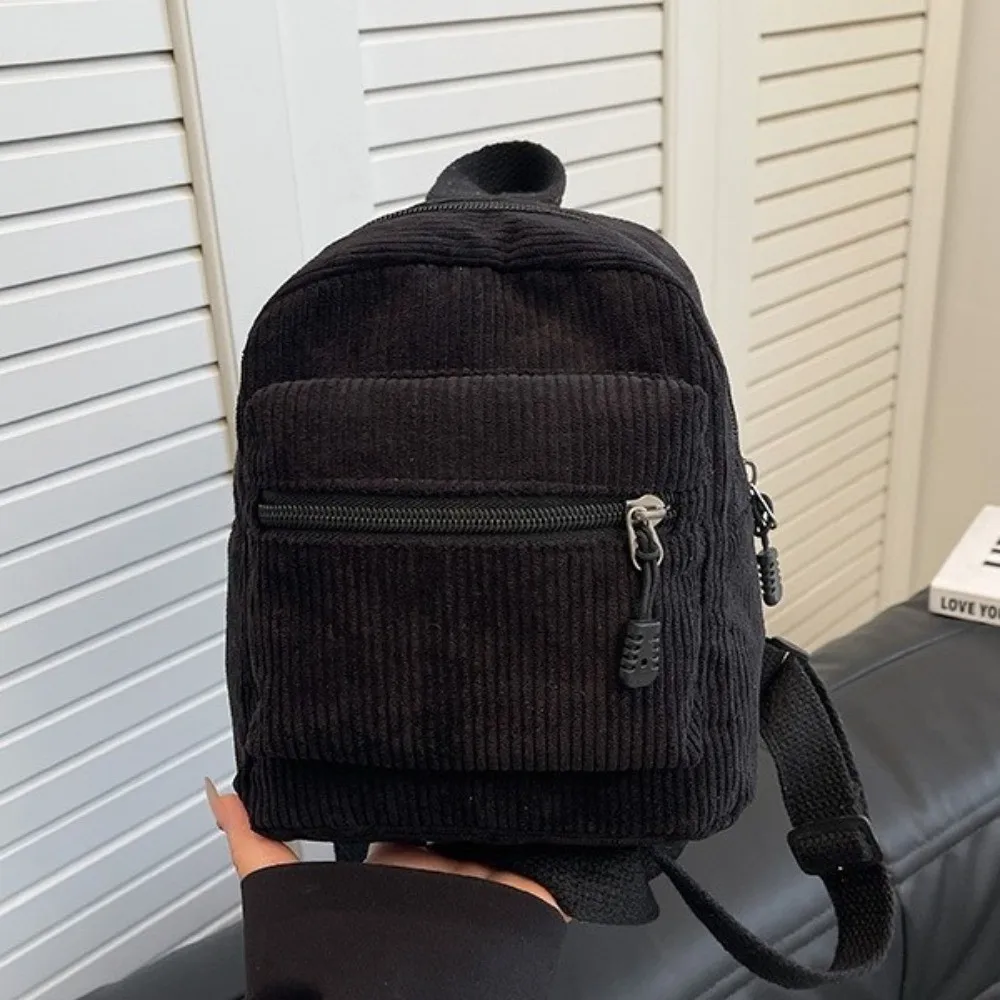 Forest Series Solid Color Corduroy Mini Backpack Zipper Multi Pocket Double Shoulder Bag Portable Vintage Daypack Casual Travel