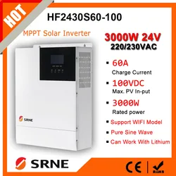 SRNE 3KW 24V 220V/240VAC All-In-One Onda sinusoidale pura Off-Grid Inverter ibrido MPPT 60A Caricatore solare Tensione di ingresso fotovoltaico massimo 100VDC