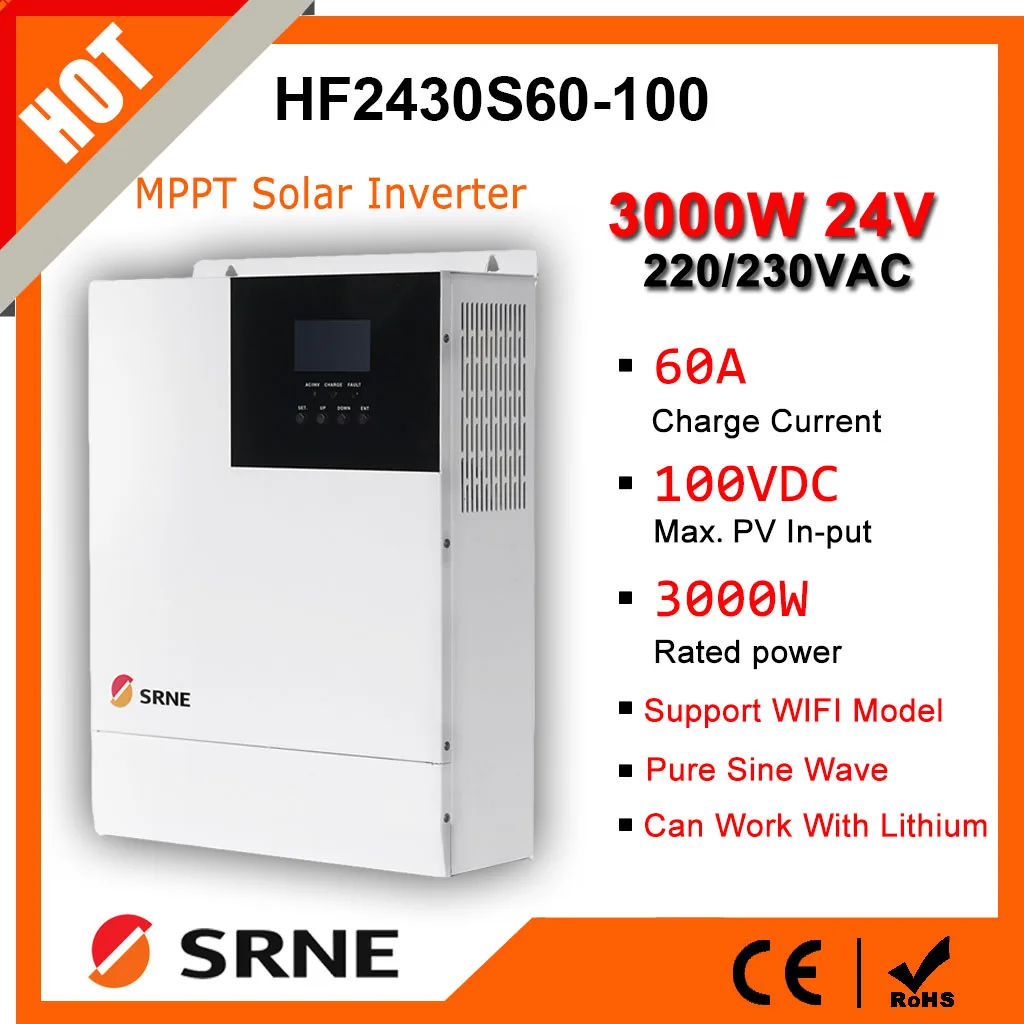 Srne-inversor Híbrido Off-grid de Onda Senoidal Pura 3kw 24v 220v 240vac All-in1 Carregador Solar Mppt 60a Tensão Máxima de Entrada pv 100vdc