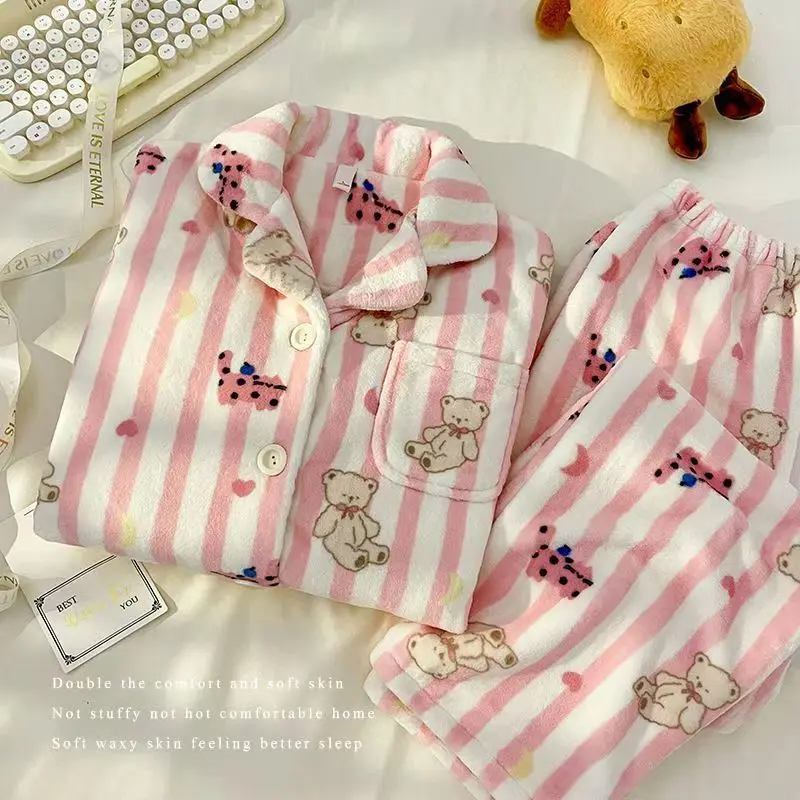 Winter Hello Kitty Pyjama Flanel Leuke vrouwen Pyjama Set Pluizige Pyjama Pluche Pyjama Top Verdikte Thuis Kleding Tweedelige Set