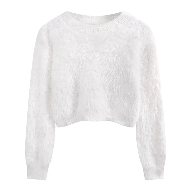 Suéter de Punto de Manga Corta y Larga con Cuello Redondo para Mujer, Otoño Invierno, Cálido, Imitación de Visón, Estilo Mode...