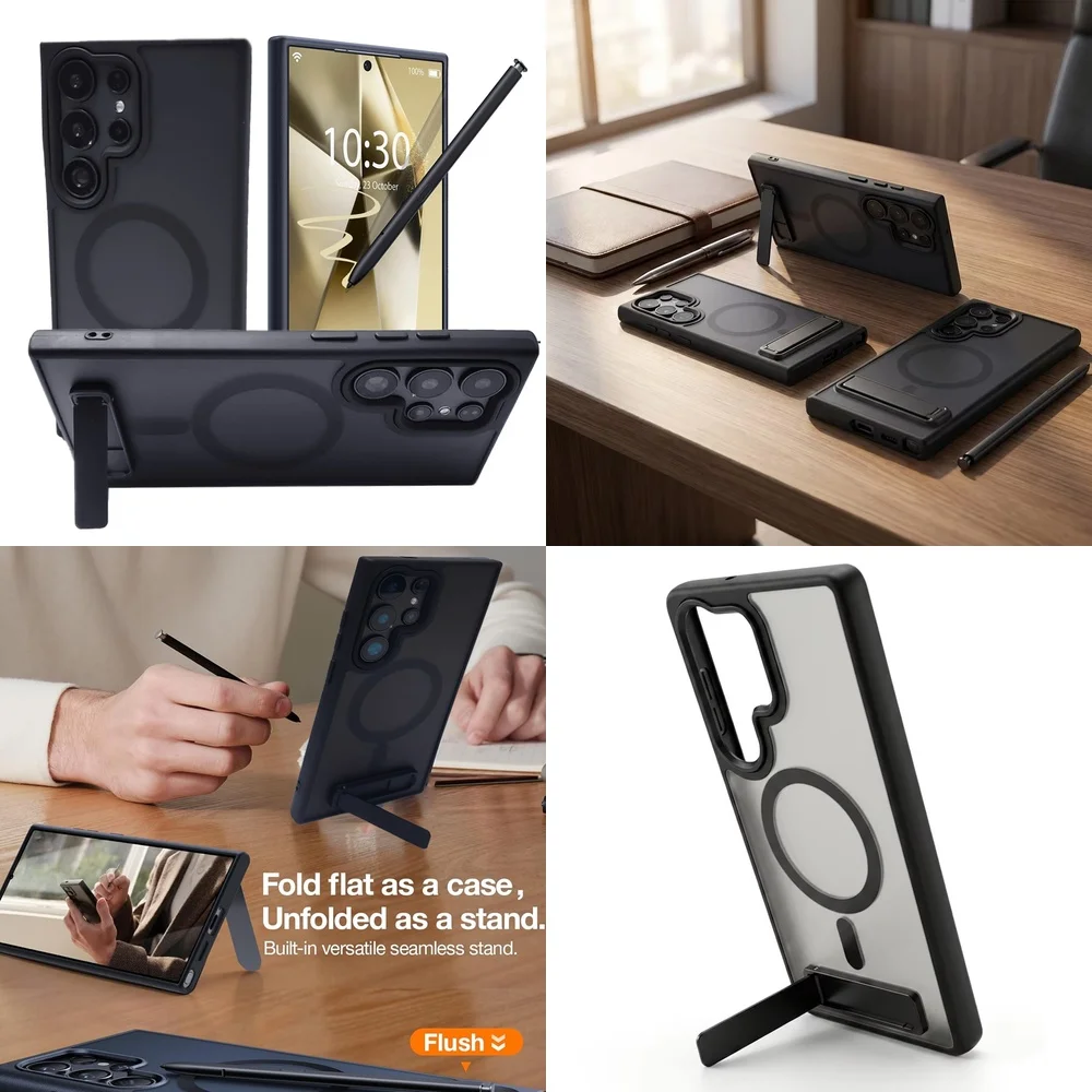 Luxury Frosted Hard PC Magnetic Bracket Case for Samsung Galaxy S25 Ultra S22 S26 S24 S23 Drop Protection Rugged Phone Cover