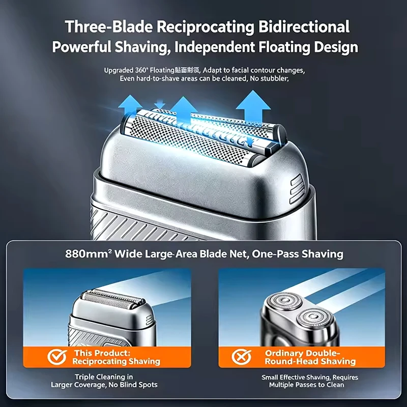 Electric Foil Shavers for Men Mini Electric Razor for Beard/Face with 3 Floating Blades LED Display Cordless Face Shaver USB