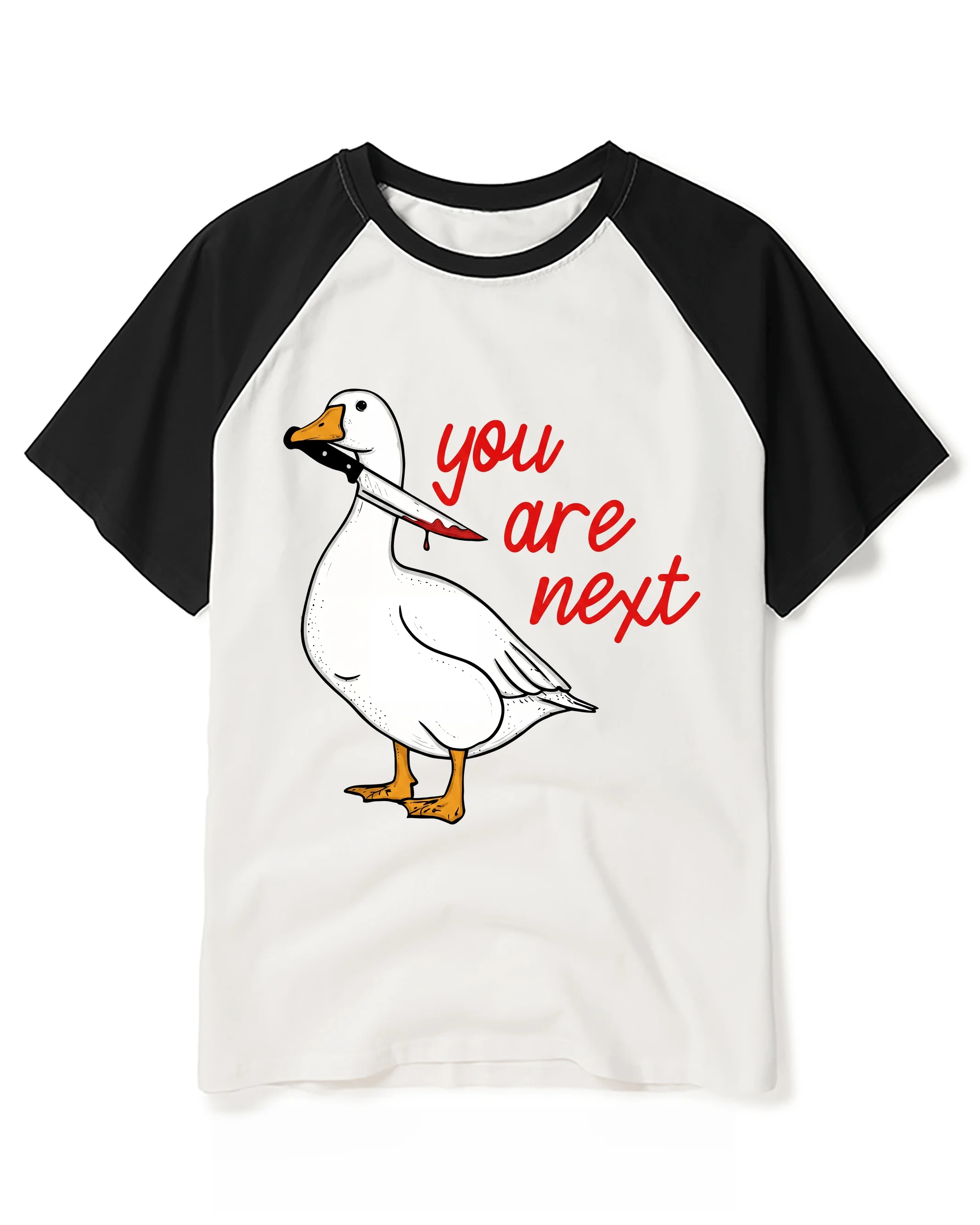 You Are Next Goose Shoulder T-shirt Funny Murder Duck with Knife Pattern T-shirt Black Humorous Halloween Party Top