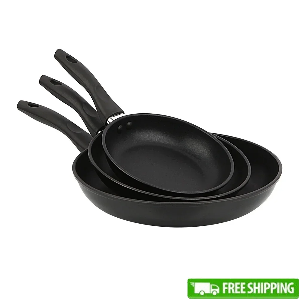 

3-Piece Nonstick Skillet Set Aluminum Cookware Easy Clean Lightweight Durable Heat Evenly Dishwasher Safe Riveted Handle Kitchen