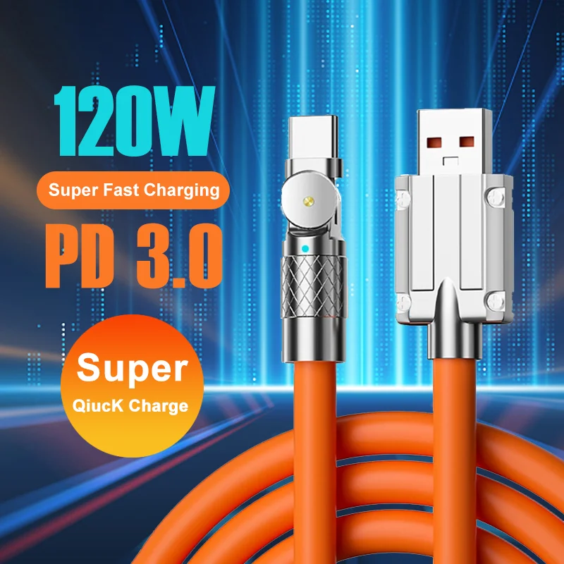 Cable de carga súper rápida PD 120W, aleación de Zinc, codo de 180 °, USB A tipo C, 16 para iPhone, 15 Pro Max, Galaxy S24, 23, accesorios de teléfono