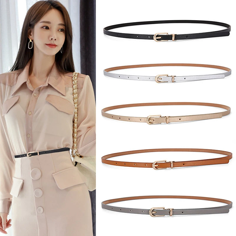 Women Thin Pu Waistband Pin Strap, Adjustable Buckle Belt In Black White Gray For Dress And Jeans