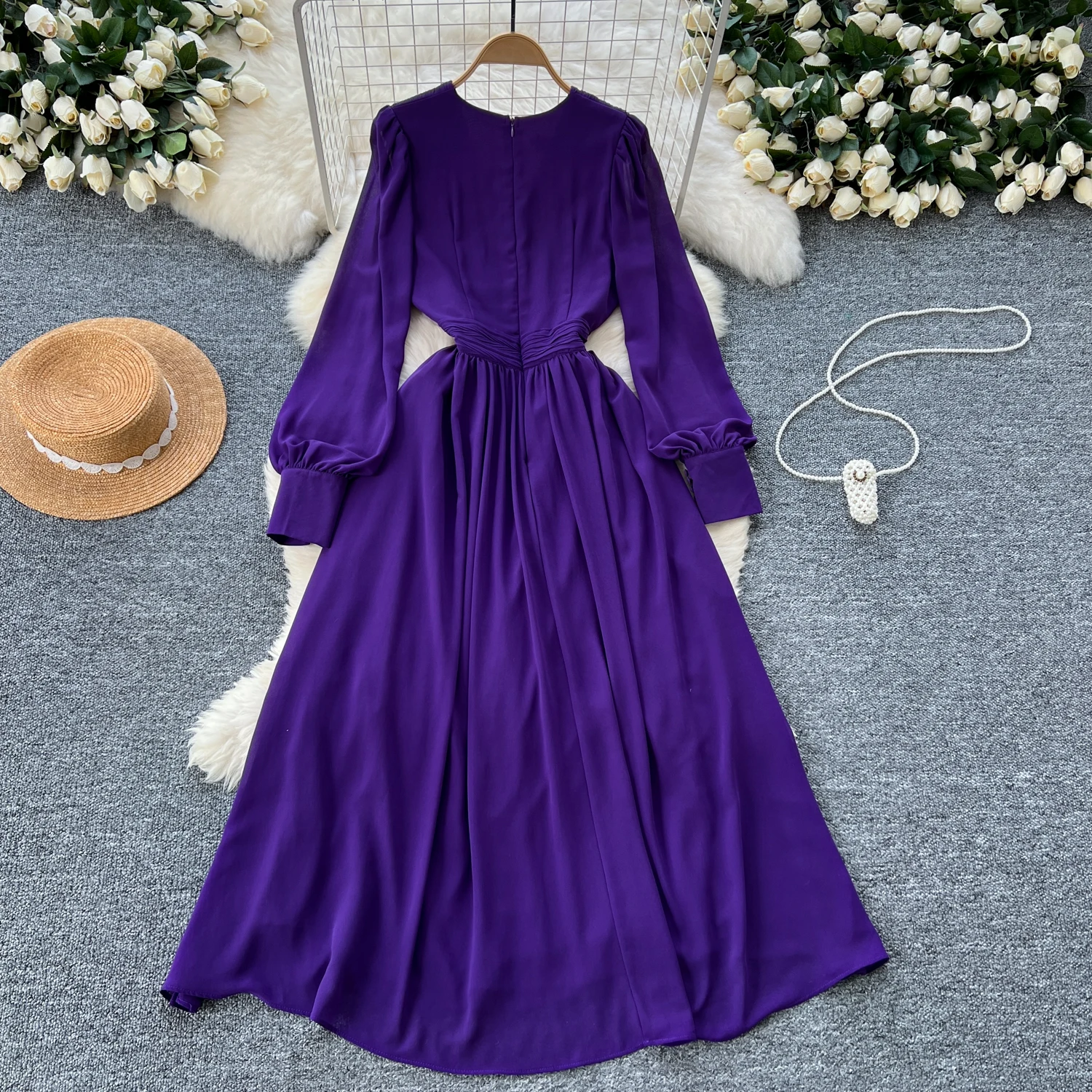 Vintage Long Sleeve Elegant Criss-Cross V-neck Chic Pleated Slim Long Chiffon Dresses French Evening High Street Autumn Clothing