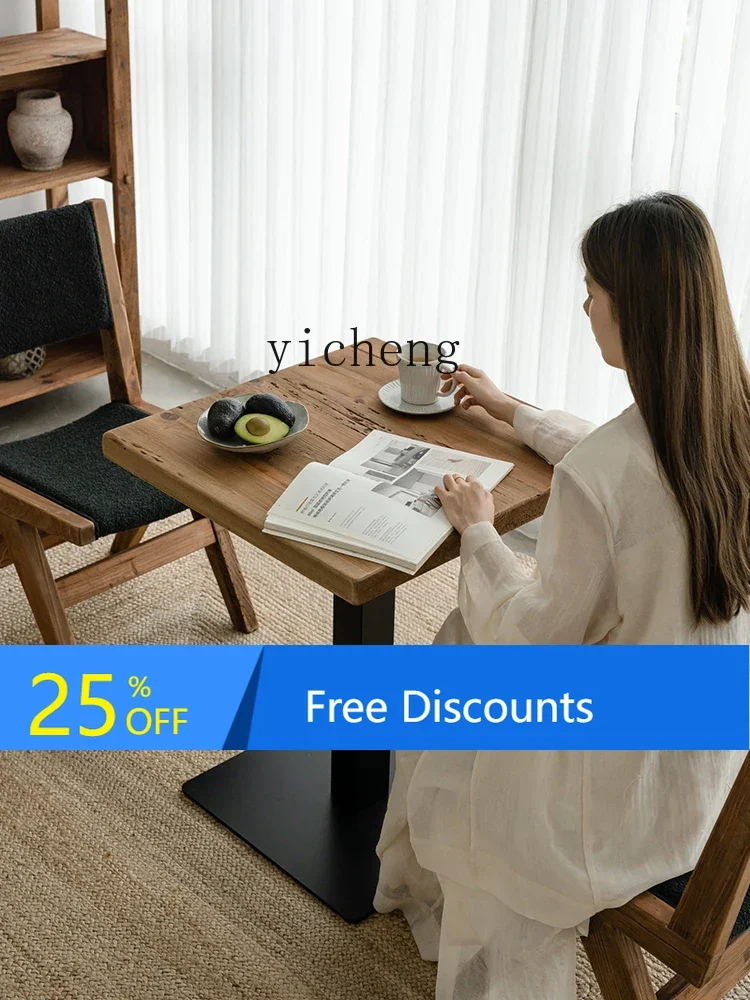 

Retro Solid Wood Dining Table Small Square Table B & B Iron Feet Coffee Conference Table