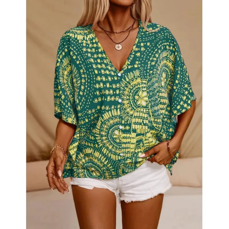 Fashion Print Loose Women Blouses & Shirts Summer New V-Neck Vacation Style Batwing Sleeve Loose Blouse Casual Tops