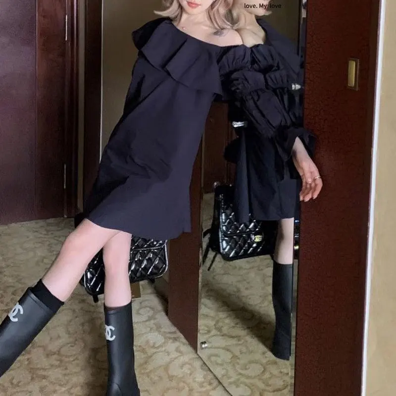 Women Off Shoulder Puff Long Sleeve Mini Dress Solid Loose Elegant Ruffle Pleated Autumn Slash Neck Party Daily Short Dresses