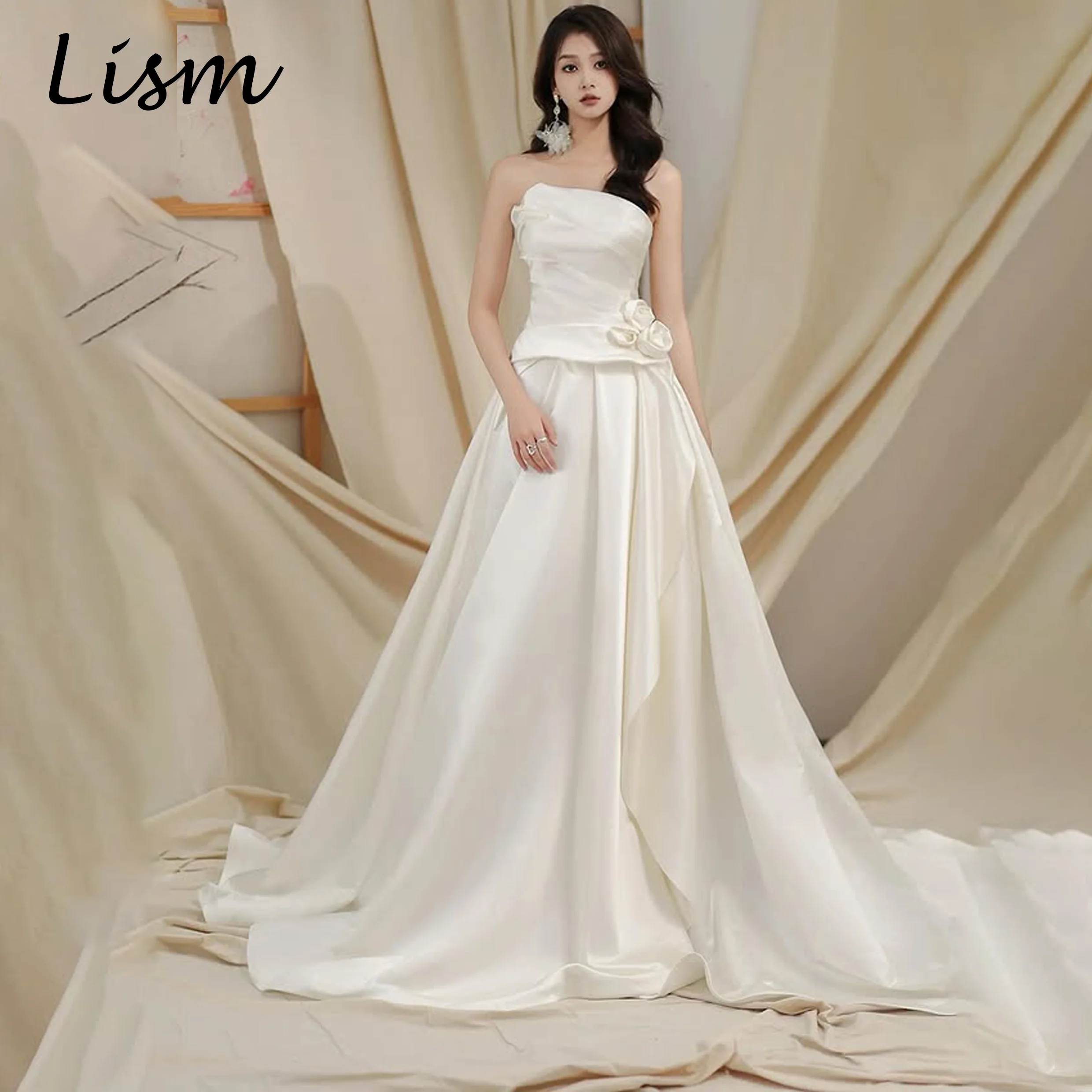 Lism Elegant Side High Slit Wedding Dress Handmade Flowers Sleeveless Strapless Korea Wedding Dress Photo Shoot 웨딩드레스 Customized