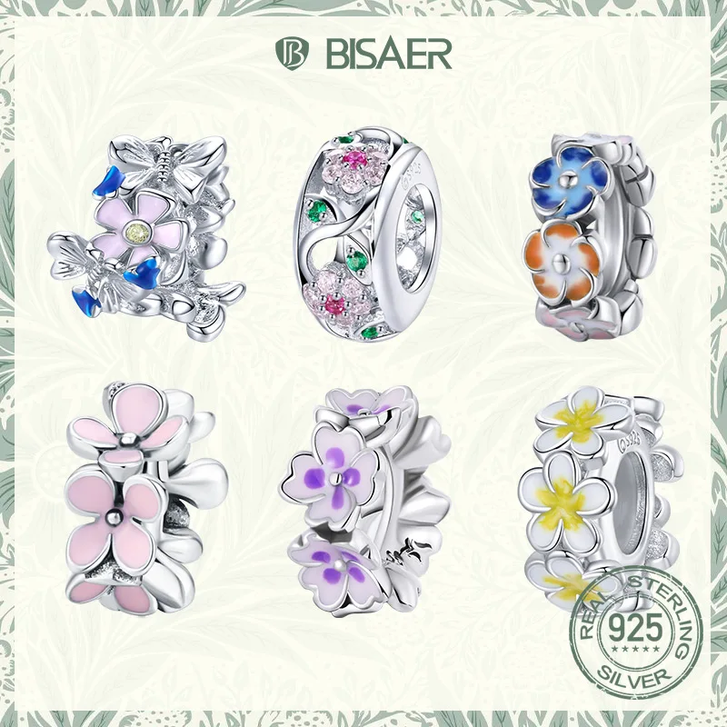 

BISAER Flower Spacer Bead 925 Sterling Silver Pink Purple Decorated Charms Pendant for Women DIY Bracelets Fine Jewelry ECC2212