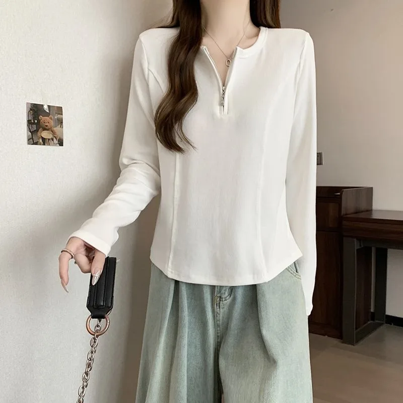 Half Zip Seam Detail Long Sleeve Tee Curved Hem Slim Fit Inner Top Women Autumn Winter Up to 200 Pounds view 4