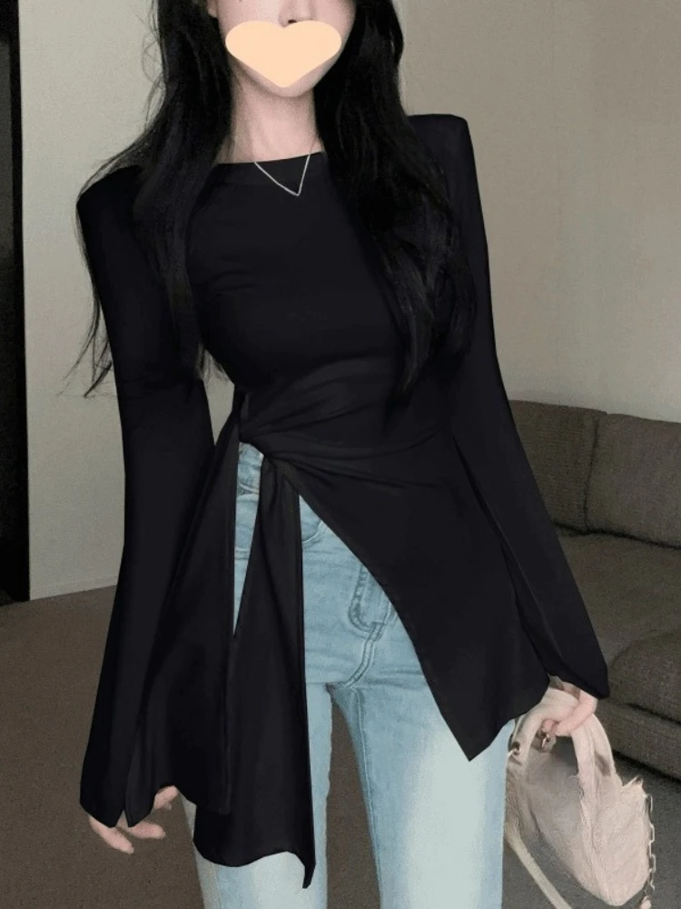 

Женская футболка Harajuku с нерегулярным разрезом, женская уличная одежда, сексуальные винтажные осенние футболки Y2k, эстетические облегающие топы в стиле гранж