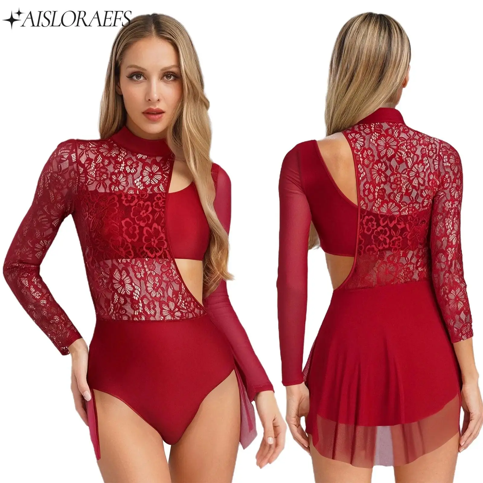 

Womens Floral Lace Patchwork Skirted Ballet Dance Leotard Dancewear Long Sleeve Cutout Irregular Bodysuit for Figure Ice Skating