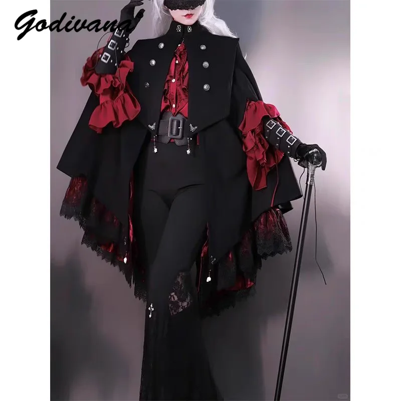 Nowa Jesienna Gotycka Ciemna Czarna Peleryna Kurtka Halloween Cosplay Punk Styl Damskie Retro Poncho Falbany Koszula Bluzki z Długim Rękawem