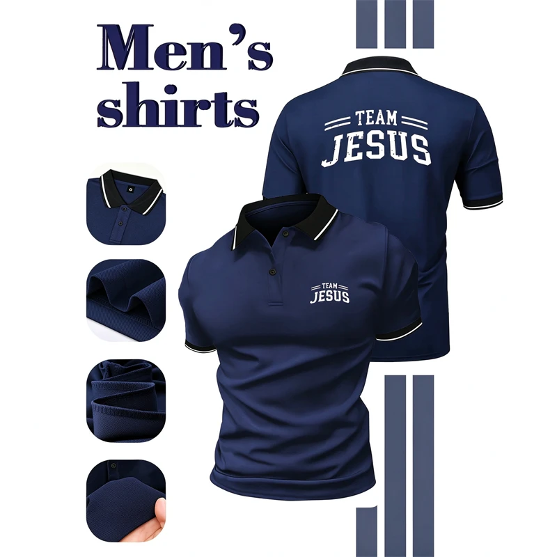Faith Meets Sporty Style with Team Jesus Back Print Men's Short Sleeve Polo Contrast Trim Collar Casual Christian Streetwear Top