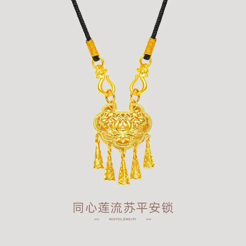 

9999 Real Gold 24K New Chinese Concentric Lotus Tassel Lock Bag Hollow Lotus Safety Lock Black Rope Spring Clothes Chain Pendant