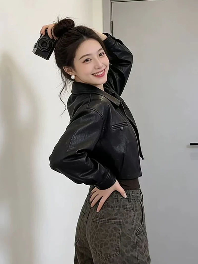 Chic Black Women Pu Leather Jacket Cropped Zip Up Lapel Collar Moto Y2K Streetwear Biker Faux Outerwear Top