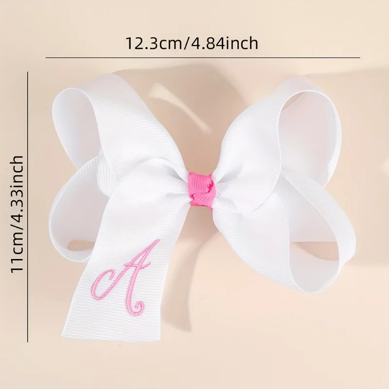 5PCS Personalized A-E Initials Embroidered Bow Hair Clip, Girls White Grosgrain Ribbon Barrettes, 198 Colors Optional Cute