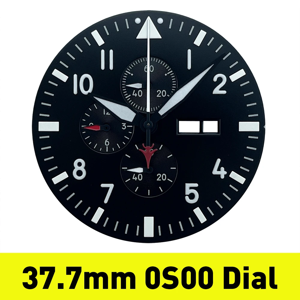 Esfera de reloj de cobre con cronógrafo de piloto, color blanco y negro, 37,7mm, 12 horas, con manecillas para Miyota Cal.0S00 Mov't Green Lume