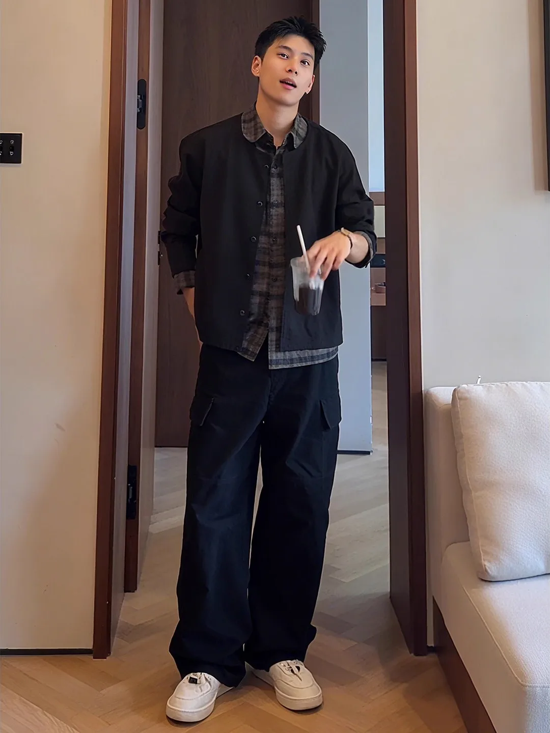 

American Retro Plaid Splicing irt Jaet Loose ex Spring Autumn Trendy Workwear Fake Two-Piece Upper Apparel