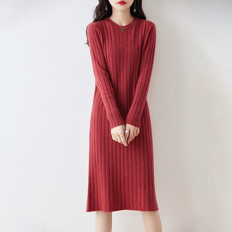 100% Pure Wool Knit Dress Women\'s Autumn And Winter Slim Knee-Length Dress Sweater Skirt With Bottoming Skirt