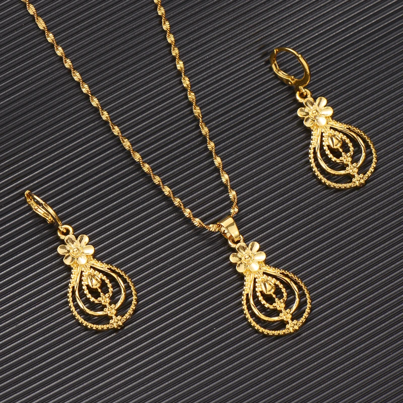 Ethiopian Dubai India  Flower Jewelry Set Jewelry Pendant Chain Earrings African Bride Wedding Flower Bijoux Gifts