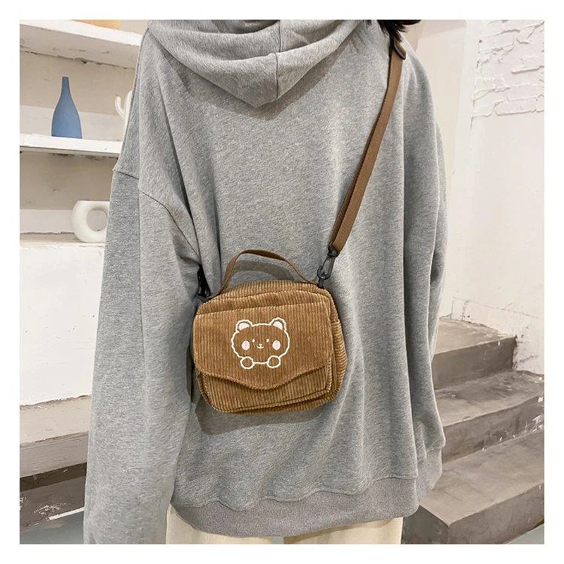 Hot Women Canvas Zipper Bag Preppy Style Student Tote Shoulder Messenger Bag Small Corduroy Bag Satchel Travel Purse Handbag