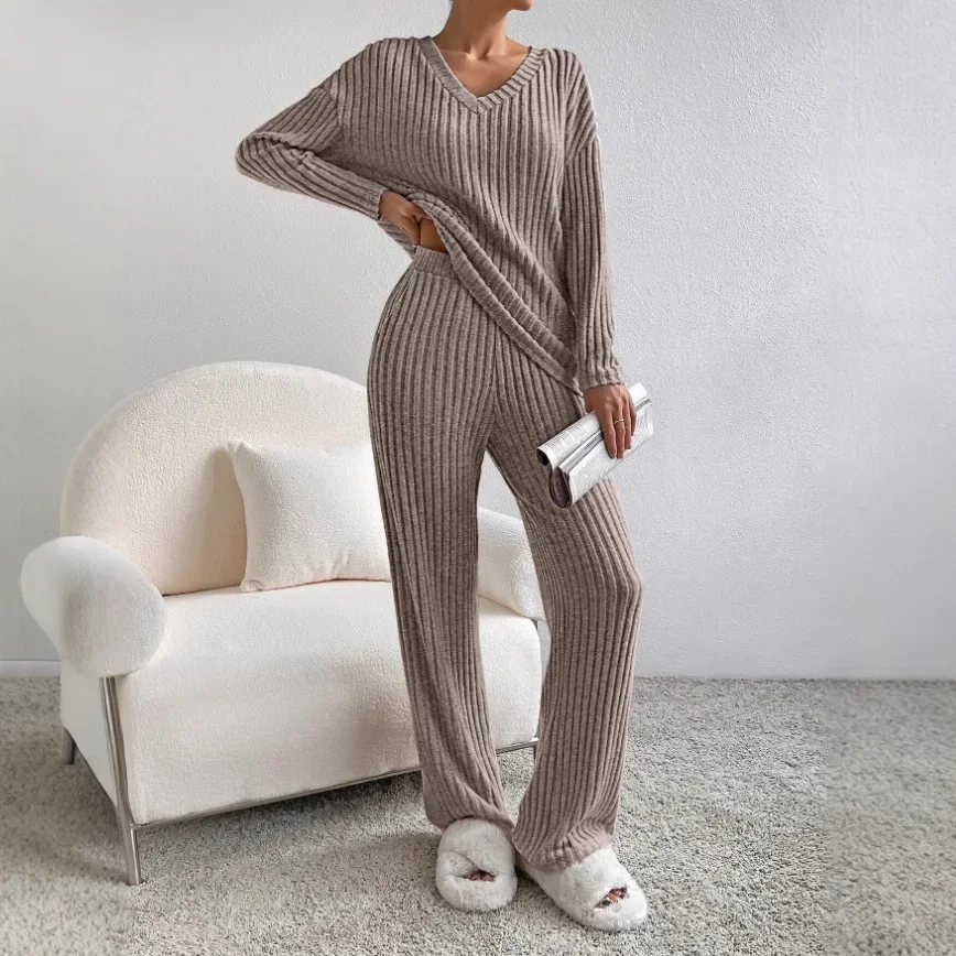 Spring and Autumn Casual Straight Leg Pants with Loose V-Neck and Pit Stripe Knit Sweater Pants Two-Piece Set for Women